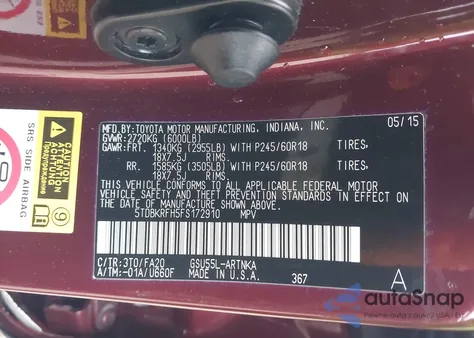 2015 Toyota Highlander Le Plus V6 из США, поврежденный, VIN 5TDBKRFH5FS172910